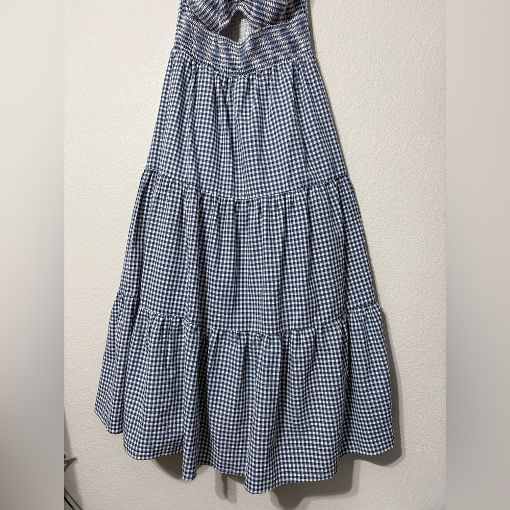 Strapless Blue Gingham Maxi Dress with Cutout - Picture 4 of 14